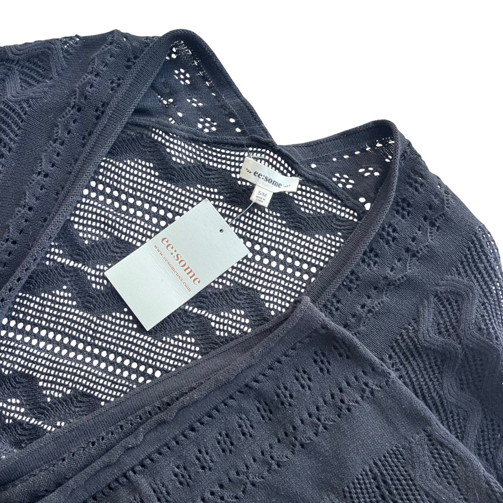 ee:some Women's S/M Black Open Knit Kimono Pointelle Cardigan Sweater Shawl Boho